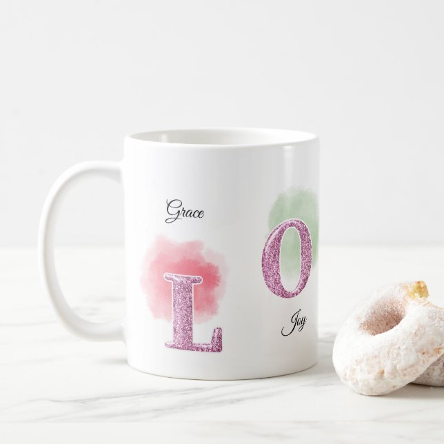 LOVE Initialer benutzerdefinierter Name Wasserfarb Kaffeetasse (Mit Donut)