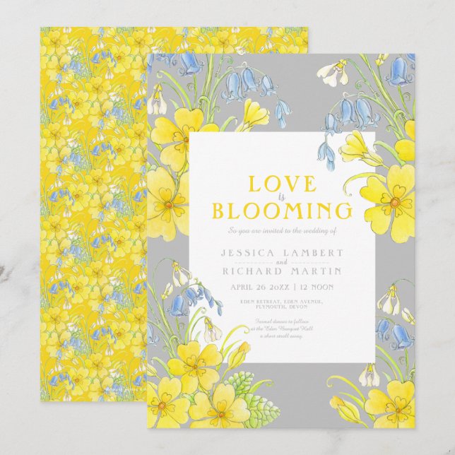 Love is blooming spring flower yellow gray wedding einladung (Vorne/Hinten)