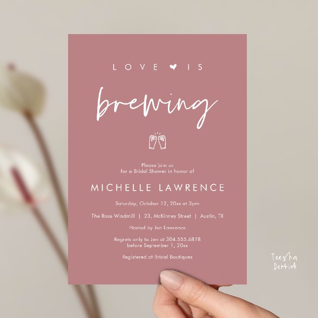 Love is brewing, Beer Party,  Bridal Shower Einladung (Love is brewing, Beer Party, Bridal Shower Invites card, booze love laughter, in dusty rose pink)