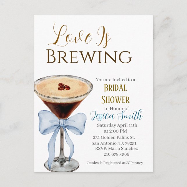 Love is Brewing Blue Bridal Shower Invitation  Postkarte (Vorderseite)
