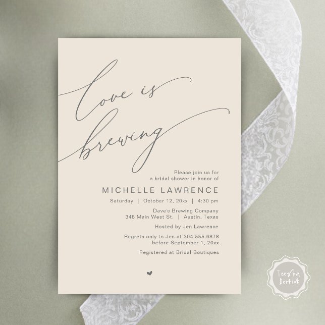 Love is Brewing, Bridal Shower Party Celebration Einladung (Love is Brewing, Bridal Shower Party Beer Wine Tasting Romantic Invites Card Charm Cream Grey)