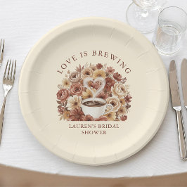 Love is Brewing Brown Floral Coffee Heart Bridal Pappteller