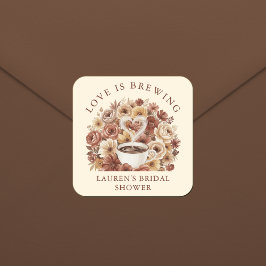 Love is Brewing Brown Floral Coffee Heart Bridal Quadratischer Aufkleber