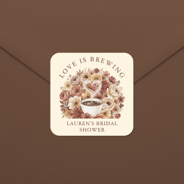 Love is Brewing Brown Floral Coffee Heart Bridal Quadratischer Aufkleber (Von Creator hochgeladen)