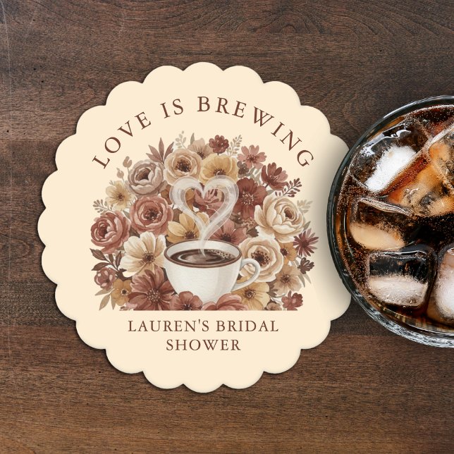 Love is Brewing Brown Floral Coffee Heart Bridal Untersetzer (Love is Brewing Brown Floral Coffee Heart Bridal Paper Coaster
)