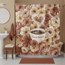 Love is Brewing Brown Floral Coffee Heart Mug Duschvorhang
