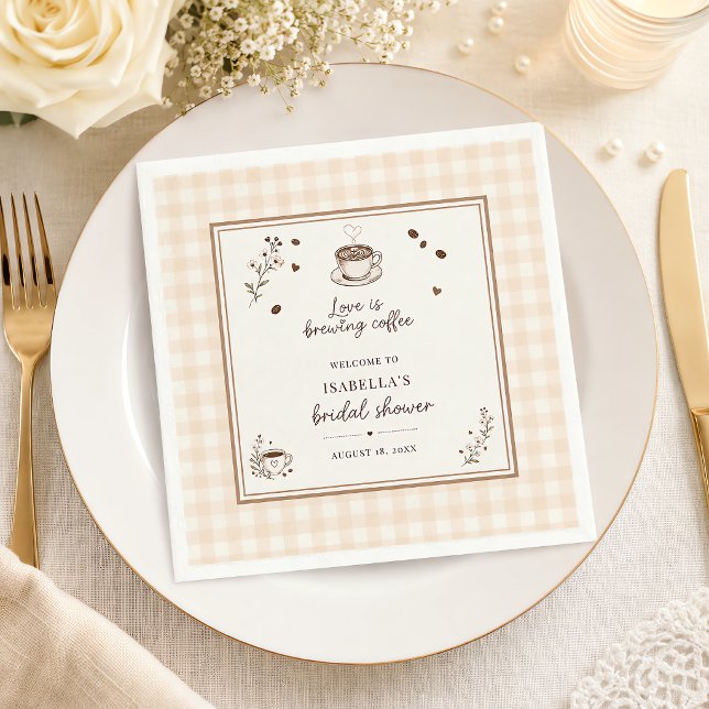 Love Is Brewing Coffee Boho Beige Benutzerdefinier Serviette (Love Is Brewing Coffee Boho Beige Custom Napkins)
