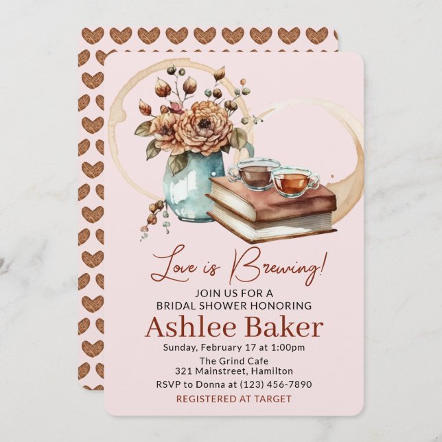 Love is Brewing Coffee Cup and Books Bridal Shower Einladung (Vorne/Hinten)
