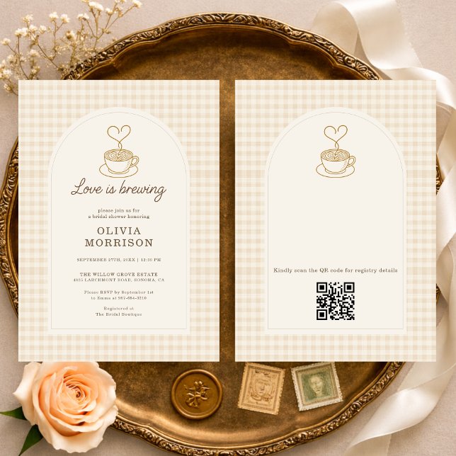Love is Brewing Coffee QR Code Bridal Shower Einladung (Von Creator hochgeladen)