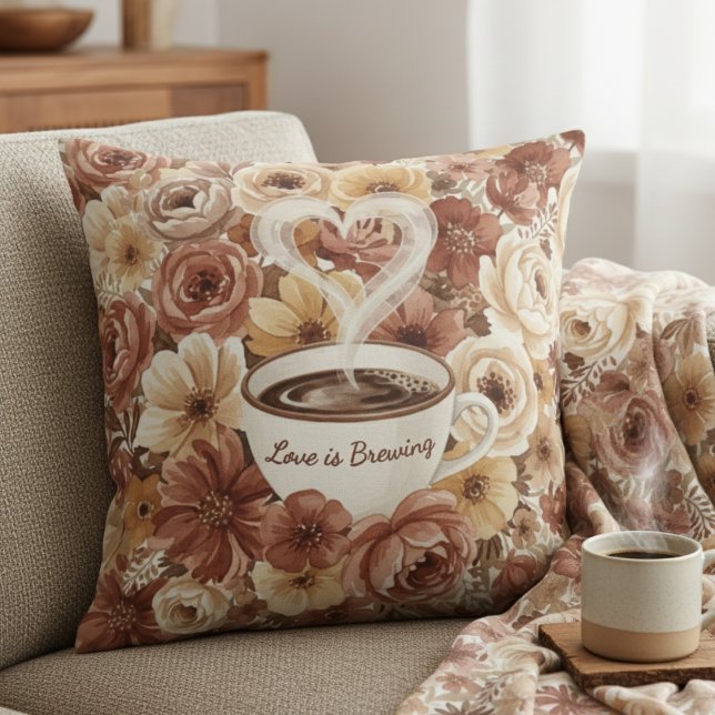 Love is Brewing Floral Coffee Heart Bridal Shower Kissen (Love is Brewing Floral Coffee Heart Bridal Shower Throw Pillow
)