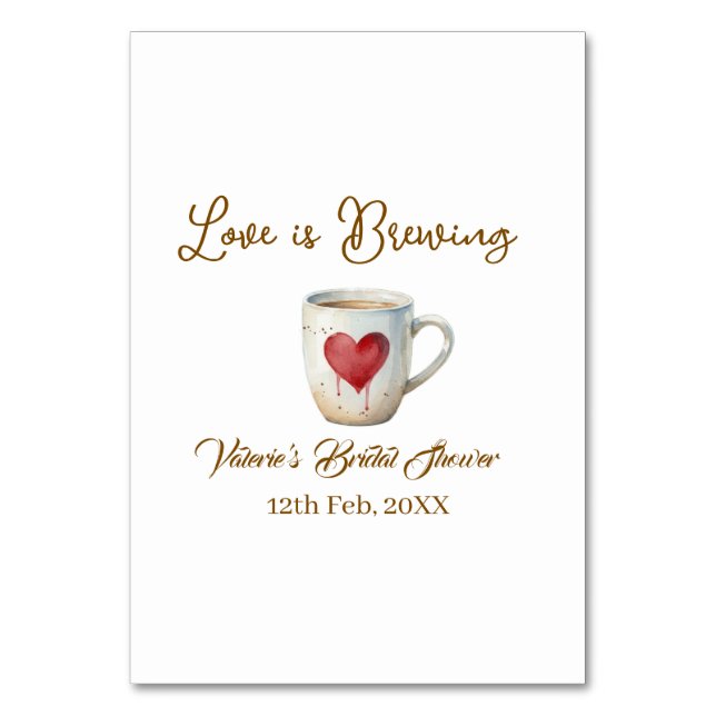 Love is Brewing white coffee mug heart bridal show Tischnummer (Vorderseite)