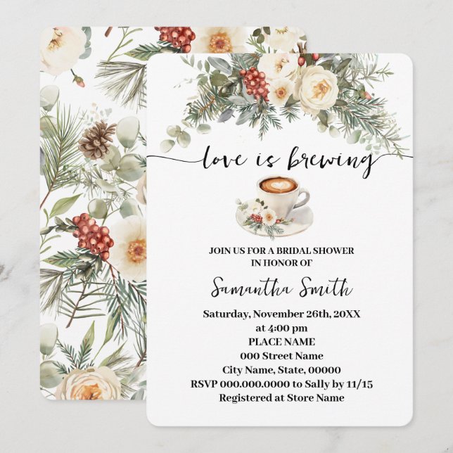 Love is Brewing Winter Bridal Shower Coffee Einladung (Vorne/Hinten)