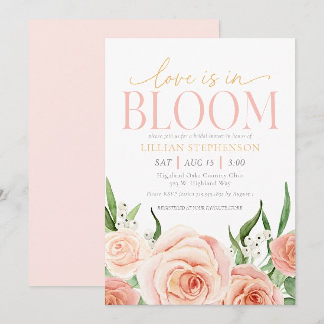 Love Is In Bloom Blush Pink Floral Bridal Shower Einladung (Vorne/Hinten)