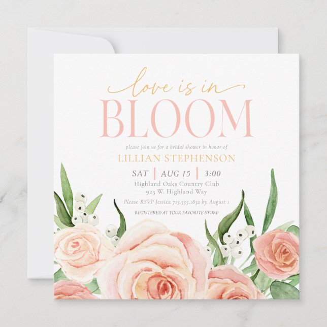 Love Is In Bloom Blush Pink Floral Bridal Shower Einladung (Vorderseite)
