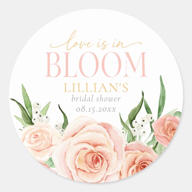 Love Is In Bloom Blush Pink Floral Bridal Shower  Runder Aufkleber (Vorderseite)