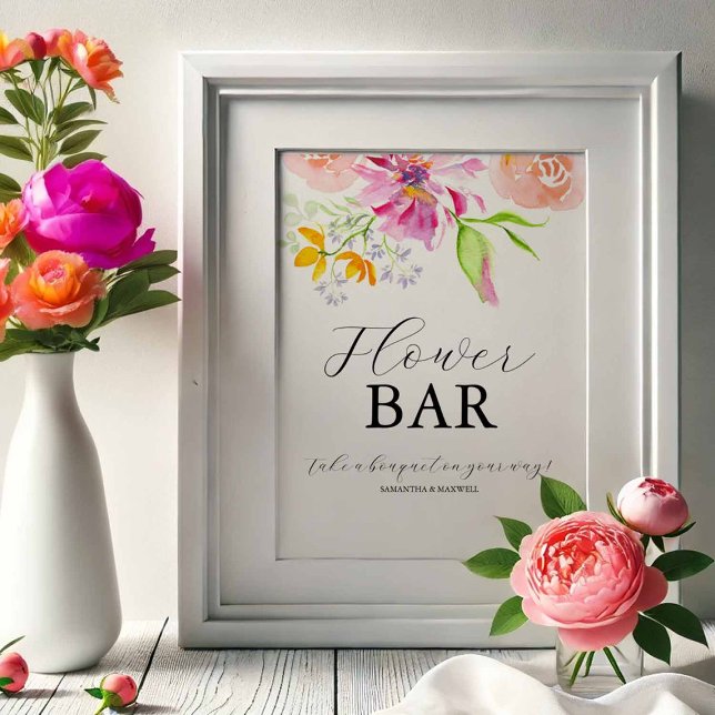Love Is In Bloom Bridal Shower Flower Bar Sign Poster (Love is in bloom flower bar sign design with pink, orange and purple watercolor by Do Tell A Belle)