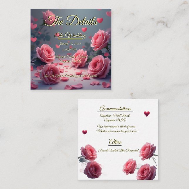 Love is in Bloom Details Pink Roses Wedding Invite Begleitkarte (Vorne/Hinten)