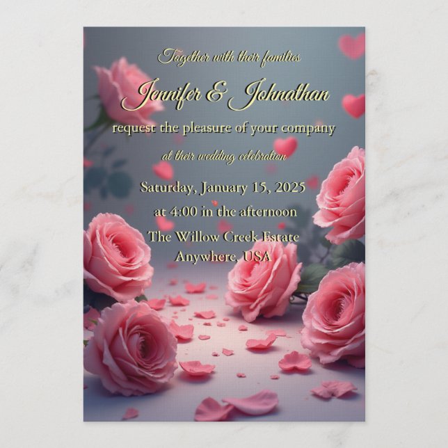 Love is in Bloom Pink Roses Romantic Wedding Einladung (Vorderseite)