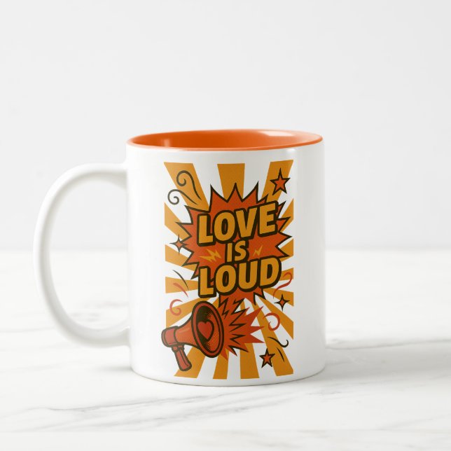 Love Is Loud Bold Comic-Style Statement Zweifarbige Tasse (Links)