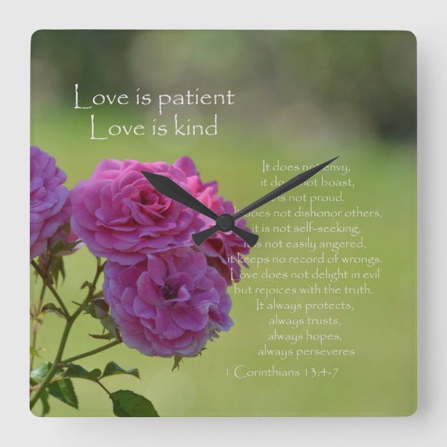 Love is Patient Roses Quadratische Wanduhr (Vorderseite)