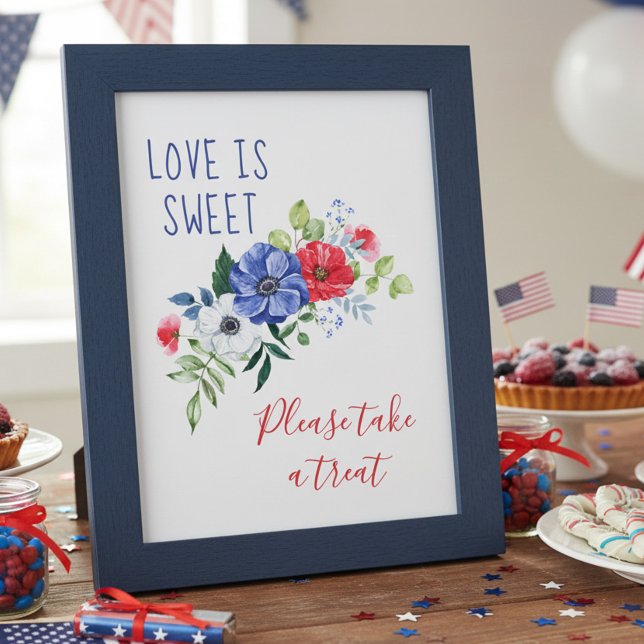 Love is Sweet Red White and Blue Floral Table Sign Poster (Red White & Blue Floral Wedding Shower Treat Table Sign by Darling & May. Printed or Digital.)