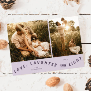 Love Laughter Light Weihnachtsfoto Lila Feiertagskarte