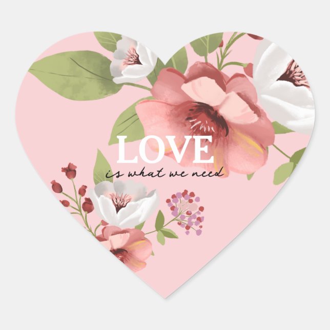 Love Message with Pink Flowers Custom Herz-Aufkleber (Vorderseite)