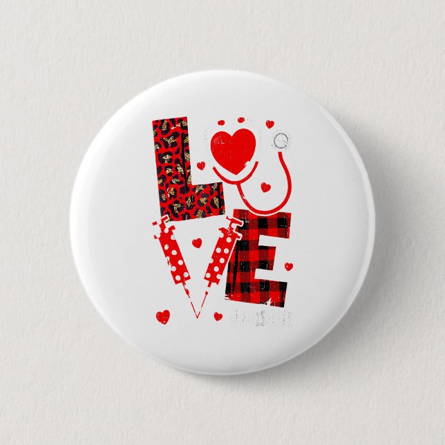 Love Nurse Life Valentine Day Leopard Plaid Red He Button (Vorderseite)