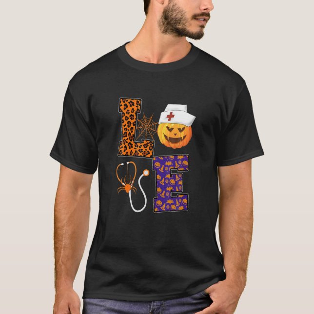 LOVE Nurse Pumpkin Fall Doctor Leopard Halloween N T-Shirt (Vorderseite)