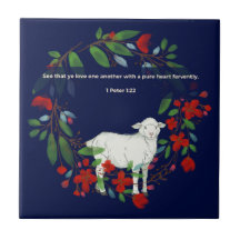 Love One Another | Lamb & Floral Ceramic Tile