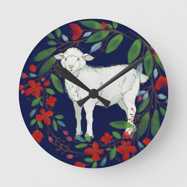 Love One Another | Lamb & Floral Wall Clock Runde Wanduhr (Vorderseite)