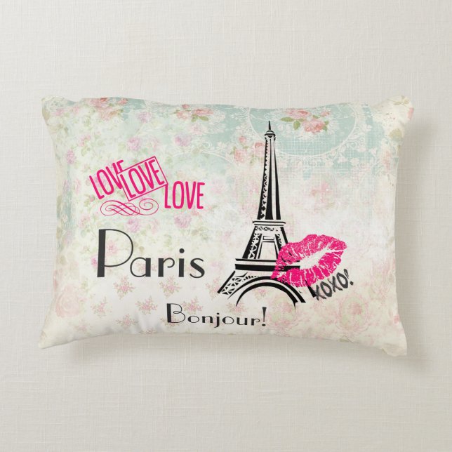 Love Paris with Eiffel Tower on Vintage Dekokissen (Rückseite)