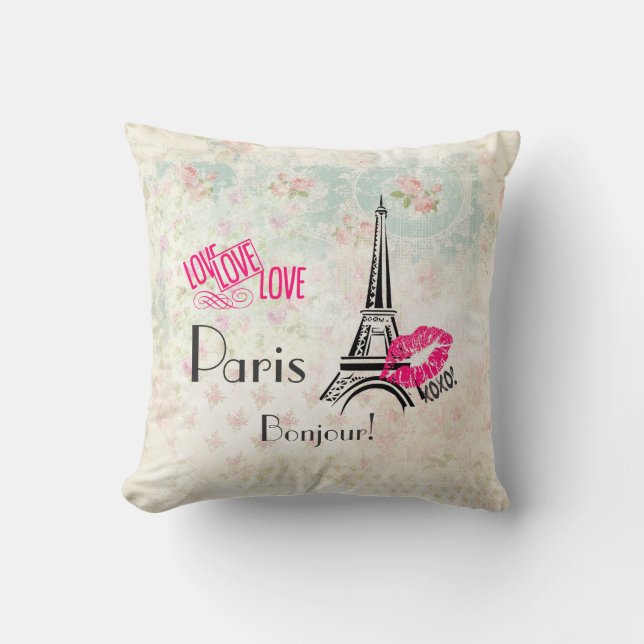 Love Paris with Eiffel Tower on Vintage Kissen (Vorderseite)