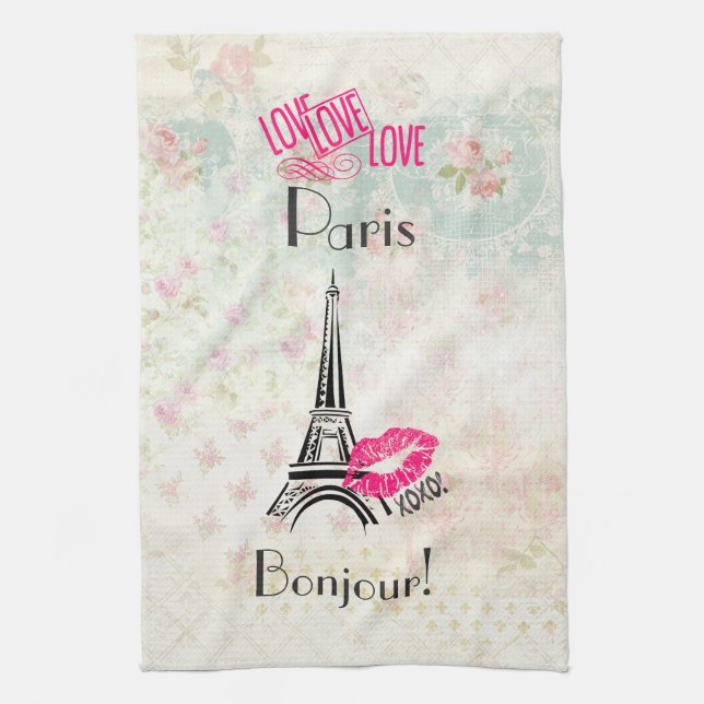 Love Paris with Eiffel Tower on Vintage Küchentuch (Vertikal)