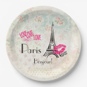 Love Paris with Eiffel Tower on Vintage Pattern Pappteller
