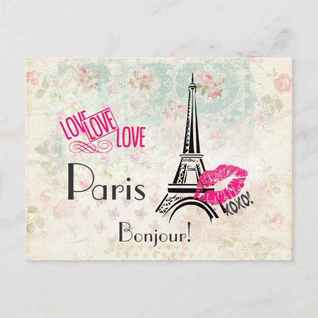 Love Paris with Eiffel Tower on Vintage Postkarte (Vorderseite)