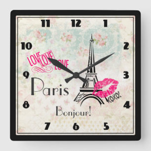 Love Paris with Eiffel Tower on Vintage Quadratische Wanduhr
