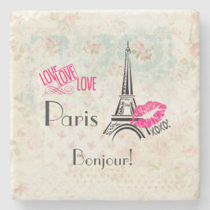 Love Paris with Eiffel Tower on Vintage Steinuntersetzer