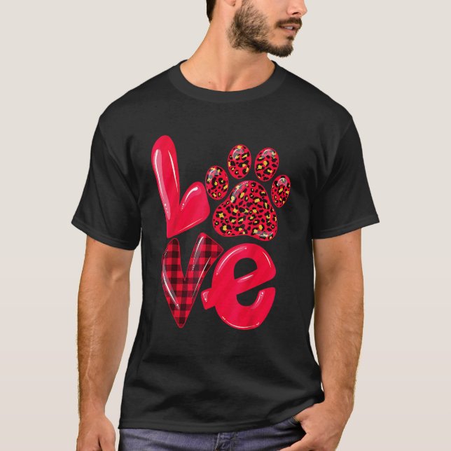 LOVE Paw Dog Cat Leopard Red Plaid Valentines Day  T-Shirt (Vorderseite)