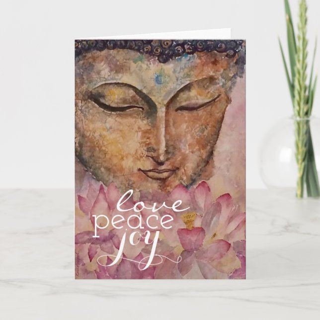 Love Peace Joy Buddha Watercolor Art Greeting Card Feiertagskarte (Vorderseite)