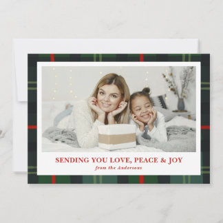 "Love, Peace & Joy" Plaid Holiday Photo Card Feiertagskarte