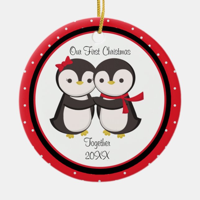 Love Pinguin Couple Weihnachtsdekoration Keramik Ornament (Vorne)