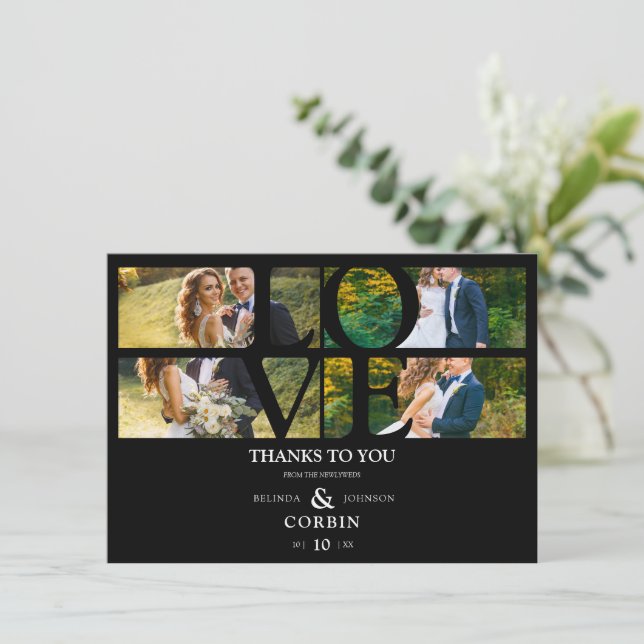 Love Quote Black Trendy Collage Wedding 4 Photos Dankeskarte (Stehend Vorderseite)