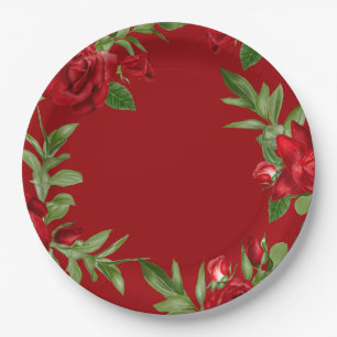 Love Red Floral Border Red Pappteller