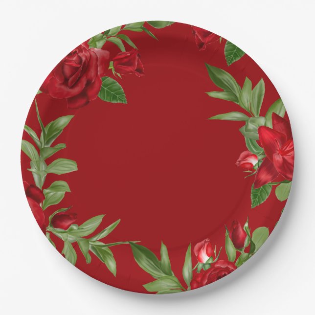 Love Red Floral Border Red Pappteller (Vorderseite)