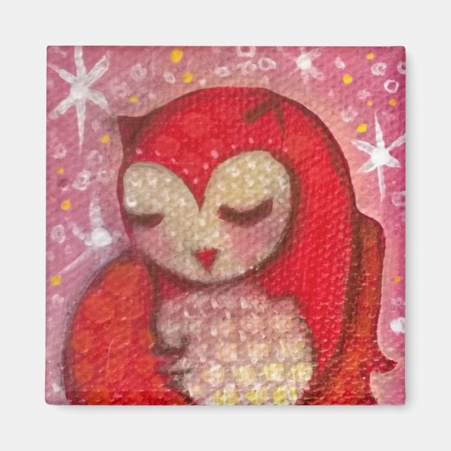 Love Red Owl on Pink Sky with Stars Magnet (Vorne)