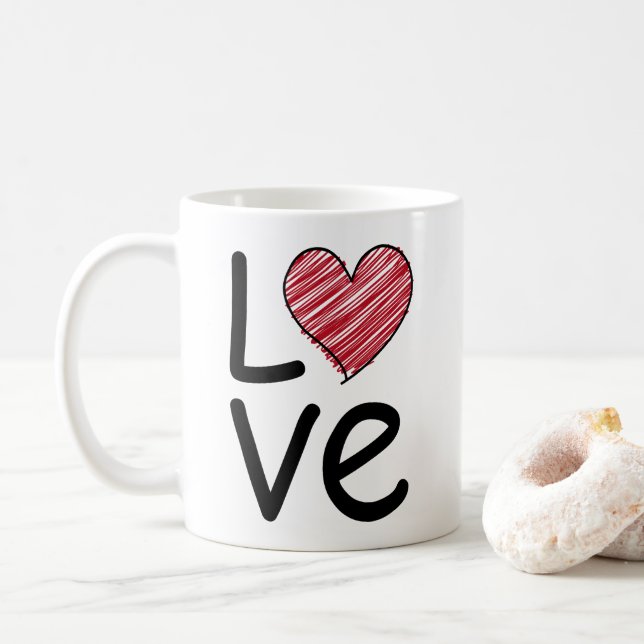 Love Scribbled Hand Drawn Red Heart Minimalist Kaffeetasse (Mit Donut)