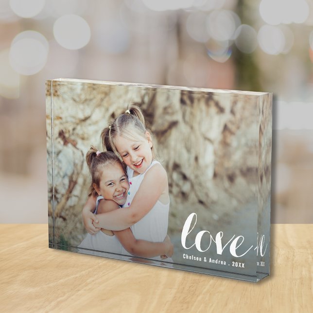 LOVE Script Fotoblock (Pesonalized acrylic photo block is 5" x 7" and 1" thick, stands without support on flat surface.)