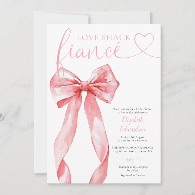Love Shack Fiance Pink Bow Bridal Shower Einladung (Vorderseite)