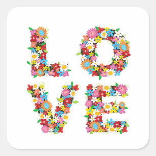 LOVE Spring Flowers Whimsical Chic Valentine's Day Quadratischer Aufkleber
